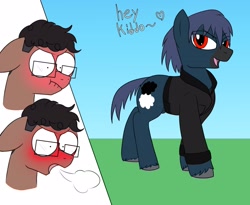 Size: 2800x2300 | Tagged: safe, artist:wolftendragon, oc, earth pony, pony, animal crossing, blushing, blushing profusely, dialogue, earth pony oc, glasses, high res, roscoe, simp, simping, wide eyes