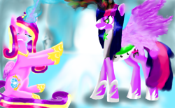 Size: 1360x839 | Tagged: safe, artist:moonmiyato, princess cadance, twilight sparkle, alicorn, pony, g4, altered cutie mark, armor, betrayal, bevor, boots, cape, chestplate, clothes, corrupted, corrupted element of harmony, corrupted element of magic, corrupted twilight sparkle, criniere, croupiere, crying, cuirass, dark magic, darklight, darklight sparkle, duo, evil smile, eyes closed, fauld, female, glowing horn, gorget, greaves, grin, helmet, horn, jewelry, magic, necklace, pauldron, peytral, plackart, queen twilight, regalia, robe, shoes, smiling, sombra eyes, spread wings, tiara, twilight sparkle (alicorn), wings