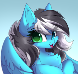 Size: 2028x1922 | Tagged: safe, artist:airiniblock, oc, oc only, oc:euro, pegasus, pony, rcf community, bust, chest fluff, commission, female, heterochromia, mare, pegasus oc, portrait, solo, wings