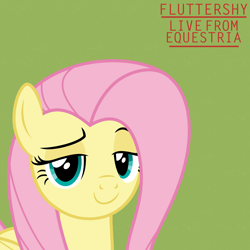 Size: 3500x3500 | Tagged: safe, artist:poniesmemes, derpibooru exclusive, fluttershy, pegasus, pony, g4, green background, high res, implied gilda radner, ponified, ponified album cover, simple background, smug