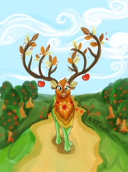 Size: 1024x1366 | Tagged: safe, artist:tamatria, the great seedling, deer, elk, g4, going to seed, apple, apple tree, female, solo, tree