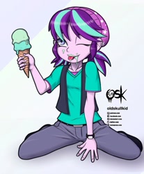 Size: 1280x1545 | Tagged: safe, artist:oldskullkid, starlight glimmer, equestria girls, equestria girls specials, g4, my little pony equestria girls: mirror magic, beanie, clothes, female, food, hat, ice cream, ice cream cone, messy eating, one eye closed, pigtails, solo, younger