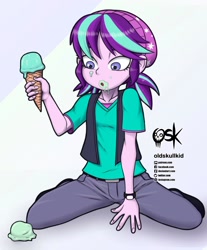 Size: 1280x1545 | Tagged: safe, alternate version, artist:oldskullkid, starlight glimmer, equestria girls, equestria girls specials, g4, my little pony equestria girls: mirror magic, beanie, clothes, dropped ice cream, female, food, hat, ice cream, ice cream cone, messy eating, pigtails, solo, younger