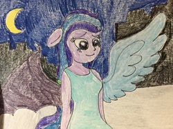Size: 2066x1536 | Tagged: safe, oc, oc only, oc:adean ruby nights, oc:adean the draconequus, human, equestria girls, g4, clothes, dress, equestria girls-ified, female, moon, night, traditional art