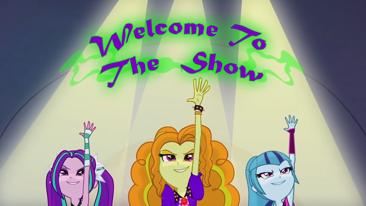rainbow rocks, female, lights, raised arm, the dazzlings, title card, trio,...