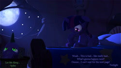 Size: 3840x2160 | Tagged: safe, artist:apimiku, artist:expee, spike, twilight sparkle, alicorn, pony, g4, 3d, bed, golden oaks library, high res, moon, night, source filmmaker, stars, twilight sparkle (alicorn)