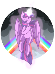 Size: 1551x2082 | Tagged: safe, artist:modularpon, twilight sparkle, alicorn, pony, g4, eyes closed, female, glowing horn, grin, horn, magic, mare, rainbow, simple background, smiling, solo, spread wings, transparent background, twilight sparkle (alicorn), wings