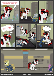 Size: 7016x9921 | Tagged: safe, artist:kitana762, oc, oc:blackjack, pony, unicorn, fallout equestria, fallout equestria: project horizons, clothes, comic, fanfic art, hallway, jumpsuit, pipbuck, smelly, stable (vault), stable 99, stable-tec, vault