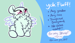 Size: 3458x1963 | Tagged: safe, artist:php142, pegasus, pony, unicorn, chest fluff, commission, cute, fluffy, impossibly large chest fluff, looking up, sitting, solo, spread wings, wings, ych sketch, your character here