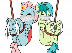 Size: 3000x2249 | Tagged: safe, artist:changeling47, artist:icicle-niceicle-1517, artist:liaaqila, color edit, edit, ocellus, sandbar, changedling, changeling, earth pony, pony, g4, bondage, bound and gagged, butt, cloth gag, colored, eyes closed, feather, female, fetish, gag, grin, help us, high res, hoof fetish, hoof tickling, horn, horn ring, magic suppression, male, missing cutie mark, plot, rope, rope bondage, simple background, smiling, tickle torture, tickling, tied up, underhoof, white background