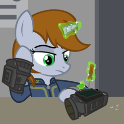 Size: 2083x2083 | Tagged: safe, artist:kitana762, oc, oc only, oc:littlepip, pony, unicorn, fallout equestria, bored, clothes, fanfic, fanfic art, female, glowing horn, high res, hooves, horn, jumpsuit, levitation, looking at something, magic, mare, pipbuck, screwdriver, solo, stable (vault), stable 2, supporting head, telekinesis, vault, vault suit, vector, working