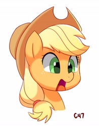 Size: 3216x4096 | Tagged: safe, artist:handgunboi, applejack, earth pony, pony, g4, bust, cowboy hat, female, hat, mare, simple background, solo, surprised, white background