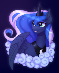 Size: 3238x4004 | Tagged: safe, artist:argigen, princess luna, alicorn, pony, rcf community, g4, blue background, bust, cloud, ear fluff, female, high res, mare, simple background, smiling, solo, wings
