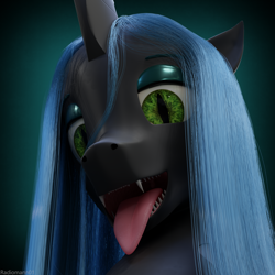 Size: 2000x2000 | Tagged: safe, artist:radiomann01, queen chrysalis, changeling, changeling queen, g4, 3d, fangs, female, high res, looking at you, mawshot, open mouth, render, sharp teeth, simple background, smiling, solo, teeth, tongue out, uvula