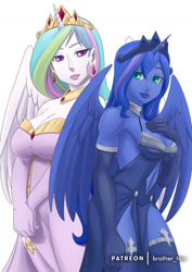 Size: 1013x1433 | Tagged: safe, alternate version, artist:brother-tico, princess celestia, princess luna, alicorn, human, g4, big breasts, breasts, busty princess celestia, busty princess luna, cleavage, clothes, crown, duo, ear piercing, earring, female, gloves, horn, horned humanization, humanized, jewelry, long gloves, looking at you, patreon, piercing, regalia, royal sisters, stupid sexy celestia, stupid sexy princess luna