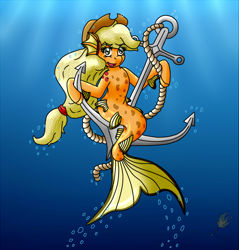 Size: 860x898 | Tagged: safe, artist:midnightfire1222, applejack, earth pony, merpony, pony, g4, anchor, cowboy hat, female, fins, hat, rope, seaponified, seapony applejack, simple background, solo, species swap, underwater
