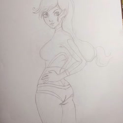 Size: 1080x1080 | Tagged: safe, artist:killofkama, applejack, equestria girls, g4, breasts, busty applejack, clothes, female, hand on hip, lineart, looking back, shorts, solo, swimsuit, traditional art
