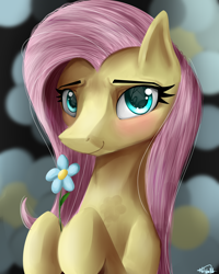 Size: 2000x2500 | Tagged: safe, artist:nixworld, fluttershy, pegasus, pony, g4, abstract background, bust, cute, eye reflection, female, flower, high res, hoof hold, long hair, looking at you, mare, portrait, reflection, smiling, smiling at you, solo, three quarter view