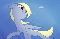 Size: 1540x1010 | Tagged: safe, artist:dusthiel, derpy hooves, fish, pegasus, pony, g4, atg 2020, bubble, crepuscular rays, female, flowing mane, flowing tail, holding breath, mare, newbie artist training grounds, ocean, seaweed, solo, spread wings, sunlight, swimming, tail, underwater, water, wings