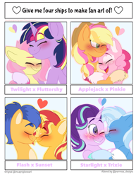 Size: 927x1200 | Tagged: safe, artist:yoshiniyuriyaya, applejack, flash sentry, fluttershy, pinkie pie, starlight glimmer, sunset shimmer, trixie, twilight sparkle, alicorn, earth pony, pegasus, pony, unicorn, g4, blushing, female, four ships fanart, hug, lesbian, male, ship:applepie, ship:flashimmer, ship:startrix, ship:twishy, shipping, smiling, straight, twilight sparkle (alicorn)