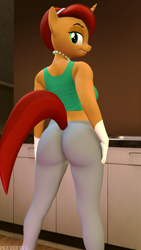 Size: 2160x3840 | Tagged: safe, artist:foxventus, stellar flare, unicorn, anthro, g4, 3d, ass, butt, clothes, female, high res, horn, implied tail hole, kitchen, leggings, looking at you, looking back, looking over shoulder, milf, rear view, solo, source filmmaker, stellar milf, tail