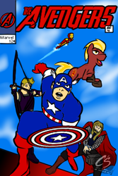 Size: 266x398 | Tagged: safe, artist:johnathon-matthews, oc, oc:commander firebrand, oc:firebrand, human, pony, unicorn, captain america, commission, fanfic, fanfic art, fanfic cover, hawkeye, iron man, marvel, obtrusive watermark, the avengers, thor, watermark