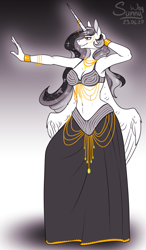 Size: 703x1200 | Tagged: source needed, useless source url, safe, artist:sunny way, princess celestia, alicorn, anthro, g4, belly, belly dance, belly dancer, black and white, clothes, dress, female, grayscale, horn, mare, monochrome, patreon, patreon reward, sketch, smiling, wings