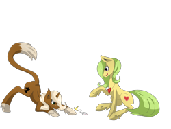 Size: 2000x1500 | Tagged: safe, artist:tomat-in-cup, oc, oc only, earth pony, mouse, pony, unicorn, behaving like a cat, colored hooves, duo, earth pony oc, face down ass up, horn, raised hoof, simple background, sitting, toy, transparent background, unicorn oc