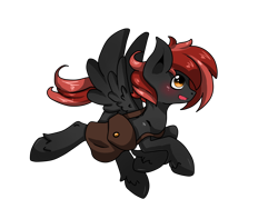 Size: 2000x1500 | Tagged: safe, artist:tomat-in-cup, oc, oc only, pegasus, pony, bag, blushing, open mouth, pegasus oc, saddle bag, simple background, smiling, solo, transparent background, unshorn fetlocks, wings