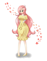 Size: 1322x1735 | Tagged: safe, artist:tomat-in-cup, fluttershy, human, g4, clothes, cute, dress, eyelashes, female, gloves, high heels, humanized, long gloves, shoes, shyabetes, smiling, solo, wrong eye color
