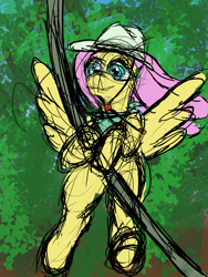 Size: 1500x2000 | Tagged: safe, artist:frostclaw, fluttershy, pegasus, pony, g4, atg 2020, bandana, clothes, explorer outfit, fedora, female, hat, newbie artist training grounds, sketch, vine