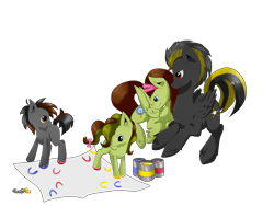 Size: 2000x1500 | Tagged: safe, artist:tomat-in-cup, oc, oc only, earth pony, pegasus, pony, colt, earth pony oc, female, filly, group, hoof painting, looking back, male, mare, paint, painting, pegasus oc, simple background, stallion, transparent background, unshorn fetlocks, wings