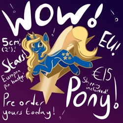 Size: 1500x1500 | Tagged: safe, artist:banoodle, oc, oc:nebula, pony, unicorn, cape, clothes, con mascot, convention mascot, enamel pin, europe, europon, female, horn, mare, pin, pin badge, preorder, shooting star, smiling, smiling at you, stars, unicorn oc