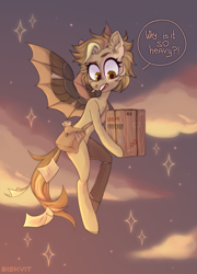 Size: 3000x4165 | Tagged: safe, artist:biskvit, oc, oc only, oc:tinker (ice1517), cyborg, pegasus, pony, icey-verse, amputee, artificial wings, augmented, bag, box, cloud, commission, female, flying, letter, mail, mailbag, mailmare, mare, offspring, open mouth, package, parent:derpy hooves, parent:doctor whooves, parents:doctorderpy, prosthetic leg, prosthetic limb, prosthetic wing, prosthetics, sky, solo, wings, ych result
