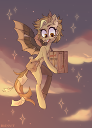 Size: 3000x4165 | Tagged: safe, alternate version, artist:biskvit, oc, oc only, oc:tinker (ice1517), cyborg, pegasus, pony, icey-verse, amputee, artificial wings, augmented, bag, box, cloud, commission, female, flying, letter, mail, mailbag, mailmare, mare, offspring, open mouth, package, parent:derpy hooves, parent:doctor whooves, parents:doctorderpy, prosthetic leg, prosthetic limb, prosthetic wing, prosthetics, sky, solo, wings, ych result