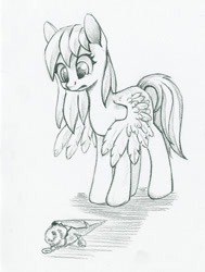 Size: 636x841 | Tagged: safe, artist:maytee, derpy hooves, pegasus, pony, g4, dropped ice cream, female, food, grayscale, ice cream, looking at something, looking down, mare, monochrome, pencil drawing, sad, solo, spread wings, teary eyes, traditional art, underp, wings, wings down