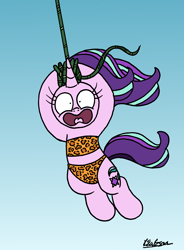 Size: 1482x2010 | Tagged: safe, artist:bobthedalek, starlight glimmer, pony, unicorn, g4, atg 2020, bikini, cave pony, caveman, cavemare, cavewoman, clothes, female, george of the jungle, leopard print, leopard print swimsuit, loincloth, mare, newbie artist training grounds, screaming, solo, song in the comments, swimsuit, swinging, tarzan, this will end in pain, vine, windswept mane