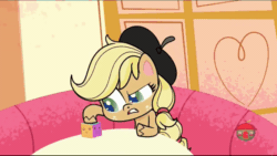 Size: 800x450 | Tagged: safe, screencap, applejack, earth pony, pony, g4.5, how applejack got her hat back, my little pony: pony life, animated, annoyed, beret, female, gif, gritted teeth, hat, looking at something, mare, solo, squish, squishy cube, table, treehouse logo