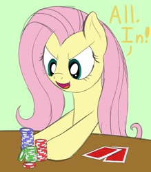 Size: 1120x1280 | Tagged: safe, artist:nitei, fluttershy, pegasus, pony, g4, assertive fluttershy, atg 2020, card, female, gambling, mare, newbie artist training grounds, poker, poker chips, solo, table