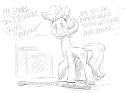 Size: 2000x1460 | Tagged: safe, artist:flutterthrash, bon bon, lyra heartstrings, sweetie drops, pony, unicorn, g4, atg 2020, black and white, dialogue, electric guitar, female, grayscale, guitar, mare, monochrome, musical instrument, newbie artist training grounds, offscreen character, simple background, solo, traditional art, white background