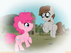 Size: 2048x1536 | Tagged: safe, artist:colorcodetheartist, pinkie pie, oc, oc:coffee cake, earth pony, pegasus, pony, g4, :p, female, filly, filly oc, filly pinkie pie, memory, pegasus oc, rock farm, this will end in tears, tongue out, wings, younger