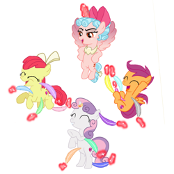Size: 1080x1080 | Tagged: safe, artist:princessdestiny200i, apple bloom, cozy glow, scootaloo, sweetie belle, alicorn, earth pony, pegasus, pony, unicorn, g4, accessory swap, adorabloom, alicornified, cozycorn, cute, cutealoo, cutie mark, cutie mark crusaders, diasweetes, eyes closed, feather, female, filly, flying, glowing horn, hoof tickling, horn, laughing, levitation, magic, open mouth, payback, race swap, revenge, simple background, story included, telekinesis, the cmc's cutie marks, tickle torture, tickling, white background