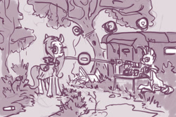 Size: 1024x683 | Tagged: safe, artist:agm, fluttershy, zecora, pegasus, pony, zebra, g4, barrier, busted wagon, cloak, clothes, duo, everfree forest, female, folded wings, looking at you, mare, monochrome, outdoors, road, roadblock, shack, table, wagon, wings, wip