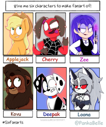 Size: 1000x1200 | Tagged: safe, artist:pankabelle, applejack, big cat, demon, dog, earth pony, hellhound, human, lion, pony, anthro, g4, 101 dalmatian street, 101 dalmatians, :p, animal crossing, anthro with ponies, bust, clothes, collar, crossed arms, crossover, dc superhero girls, deepak (101 dalmatian street), devil horn (gesture), ear piercing, earring, eye scar, female, grin, hat, hellaverse, hellborn, helluva boss, jewelry, kovu, looking up, loona (helluva boss), magic wand, mare, open mouth, pentagram, piercing, red eyes, scar, six fanarts, smiling, the lion king, tongue out, unamused, worried, zatanna