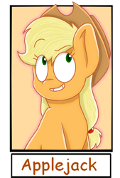 Size: 668x986 | Tagged: safe, alternate version, artist:pankabelle, applejack, earth pony, pony, g4, bust, cropped, female, grin, hat, looking up, mare, six fanarts, smiling, solo