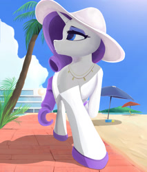 Size: 3300x3880 | Tagged: safe, artist:scarlet wayfarer, rarity, pony, unicorn, g4, beach, female, fetish, hat, high res, hoof fetish, jewelry, mare, necklace, palm tree, sandals, solo, sun hat, tree, umbrella, updated