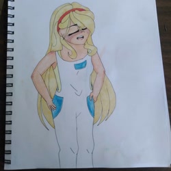 Size: 1080x1080 | Tagged: safe, artist:diamondprincessbeaut, applejack, human, g4, clothes, eyes closed, female, freckles, humanized, open mouth, shoulder freckles, solo, traditional art