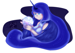Size: 1280x906 | Tagged: safe, artist:marsiiiii, princess luna, scootaloo, sweetie belle, human, bloom & gloom, for whom the sweetie belle toils, g4, sleepless in ponyville, breasts, cleavage, crystal ball, ethereal mane, female, horn, horned humanization, humanized, simple background, starry mane, transparent background