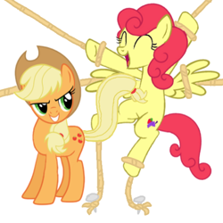 Size: 512x512 | Tagged: safe, artist:princessdestiny200i, applejack, strawberry sunrise, earth pony, pegasus, pony, g4, appledom, applejack's hat, applerise, belly tickling, bondage, cowboy hat, cute, duo, eyes closed, female, femdom, femsub, grin, hat, lesbian, mare, nail, open mouth, rope, rope bondage, shipping, show accurate, simple background, smiling, strawberrysub, strawwberry sunrise, subdorable, submissive, tickle torture, tickling, white background