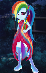 Size: 1080x1694 | Tagged: safe, artist:sorena.armstrong, rainbow dash, equestria girls, g4, alternate hairstyle, boots, clothes, dress, ear piercing, eyelashes, female, hand on hip, makeup, piercing, rainbow dash always dresses in style, shoes, signature, smiling, solo, tomboy taming